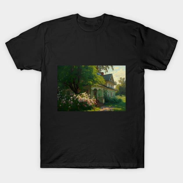 Traditional Russian House Estate in the Countryside Landscape Painting Room Decor Wall Art "Where the Granny Lives" T-Shirt by The Fata Morgana